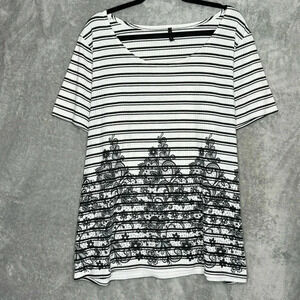 Bleeker & McDougal 3X Shirt Top White Floral Striped Short Sleeve Scoop Neck